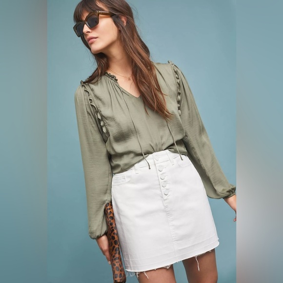 Aideen White Button-Front Denim Mini Skirt Stretch Cotton Blend Raw Hem Sz 10 - Picture 11 of 14